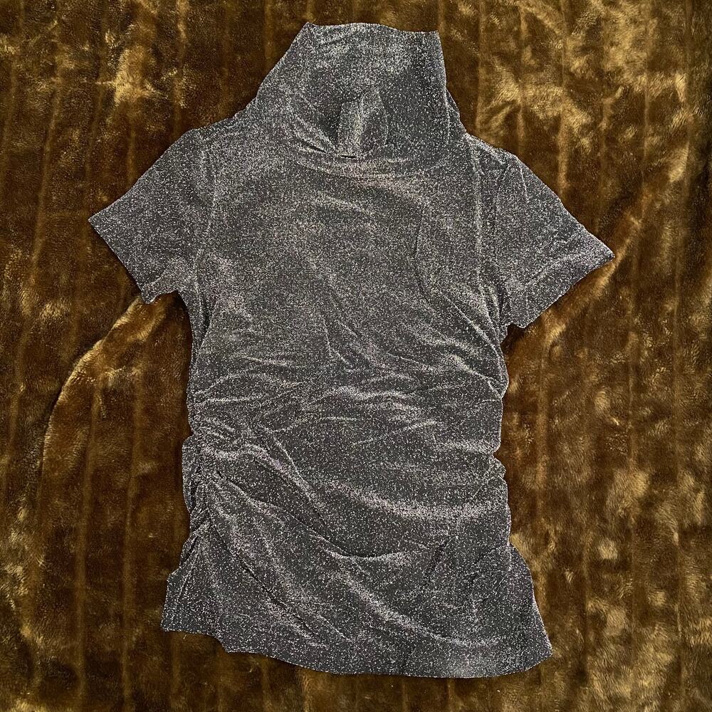 Karen Kane M‎ Silver Sparkly Soft Knit Black Pullover Top Ruched Sides